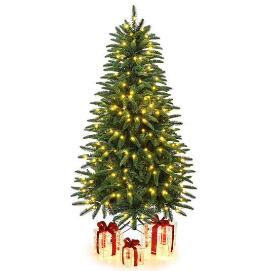 Goplus 5ft/6ft/7ft Pre-Lit Hinged Christmas Tree with 3 Lighted Gift Boxes