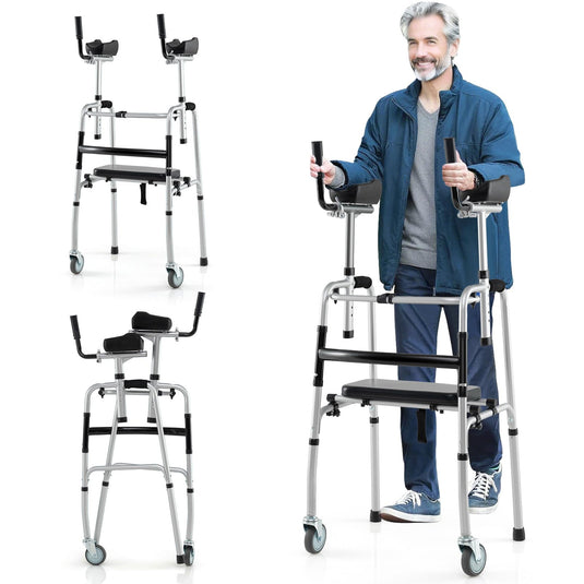Goplus Folding Walker 450 Lbs Foldable Standard Walker with 5'' Wheels Seat and Removable Armrests