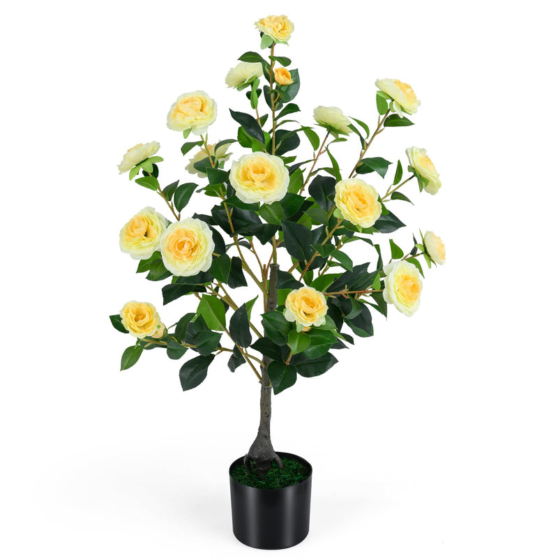 Load image into Gallery viewer, Goplus 35.5" Artificial Camellia Tree Faux Floral Plant Blooming Tree in Cement Pot

