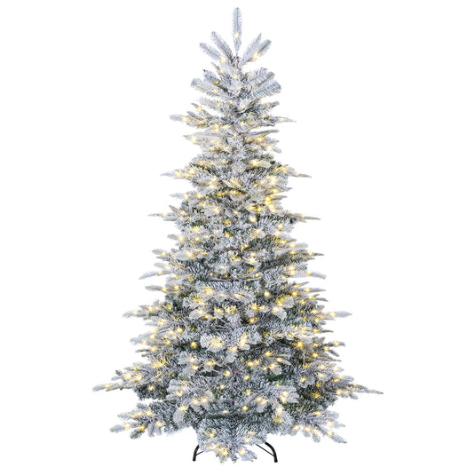 Goplus 6ft/7ft Pre-Lit Snow Flocked Christmas Tree with Warm White LED Lights & Folding Metal Stand