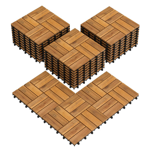 Goplus Checkered Acacia Wood Deck Tiles 12" x 12" Interlocking Floor Tiles for Patio