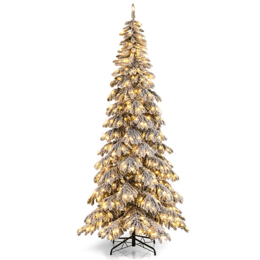 Goplus 9 FT Pre-Lit Snow Flocked Drooping Christmas Tree with Quick Power Connectors