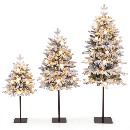 Goplus 3' 4' 5' Pre-Lit Flocked Christmas Tree Set of 3 | Battery Operated Artificial Snowy Xmas Trees