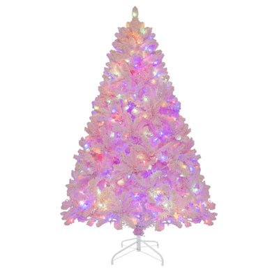 Goplus 6FT Pink Pre-lit Christmas Tree, Hinged Snow Flocked Artificial Xmas Tree, Seasonal Holiday Decoration for Office Home