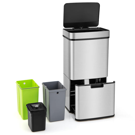 Goplus 19 Gal Stainless Steel Trash Can, 72 L Volume in 4 Containers, Motion Sensor Trash Bin