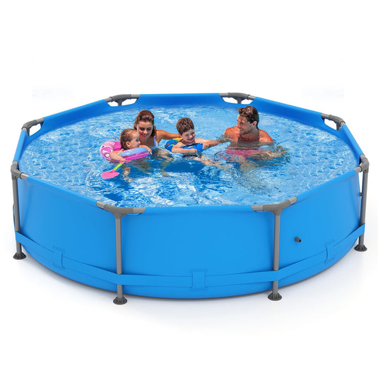 Goplus 10' x 10' x 30'' Metal Frame Family Pool Set w/PVC Fabric & Drainage Valve Connector
