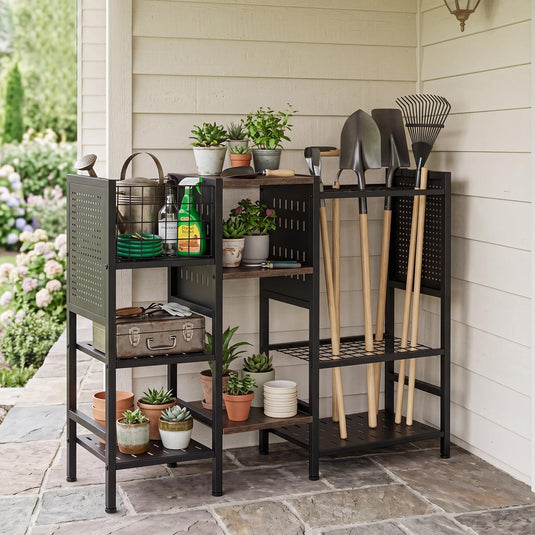 Goplus 40” Wide 3-Tier Garden Tool Organizer with Wooden Shelves