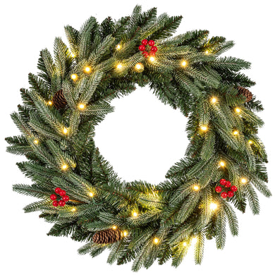 24” Pre-lit Christmas Wreath Front Door Artificial Xmas Wreath with 90 Frosted Branch Tips