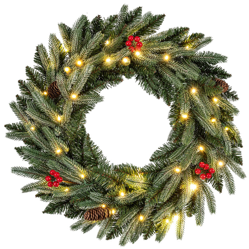 Load image into Gallery viewer, 24” Pre-lit Christmas Wreath Front Door Artificial Xmas Wreath with 90 Frosted Branch Tips
