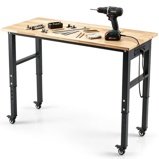 Goplus 46 Inch Adjustable Height Workbench with Power Outlets and Wheels