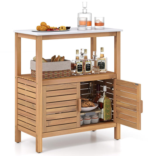Goplus Outdoor Acacia Wood Buffet Cabinet with Marble-Like Countertop ( 31.5” x 16” x 35.5” )