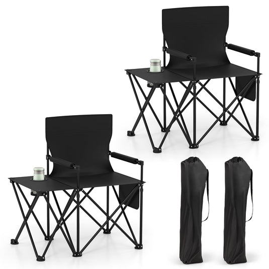 Goplus Oversized Camping Chair with Side Table, Folding Heavy-Duty Picnic Chair w/ 2 Storage Pockets