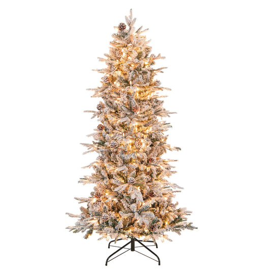 6ft Pre-Lit Snow Flocked Christmas Tree Artificial Hinged Xmas Tree with 210 Warm-White Incandescent Lights