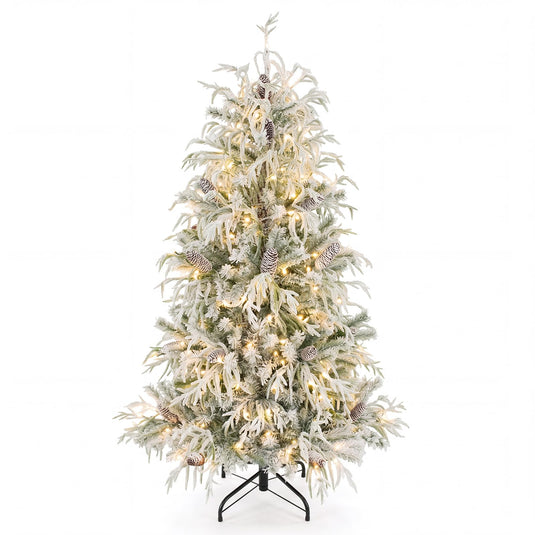 Goplus 5ft/6ft/7ft/8ft Pre-Lit Snow Flocked Christmas Tree with Natural Pine Cones | Artificial Hinged Snowy Xmas Tree