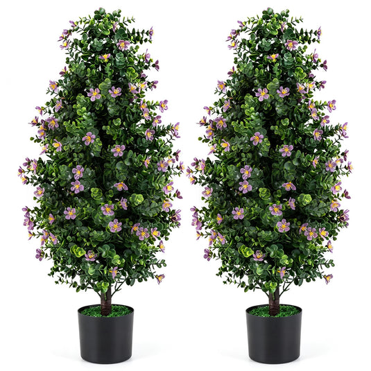 Goplus Set of 2 Artificial Topiary Trees | 3 FT Fake Bushes w/ Round Leaves and Blossoms