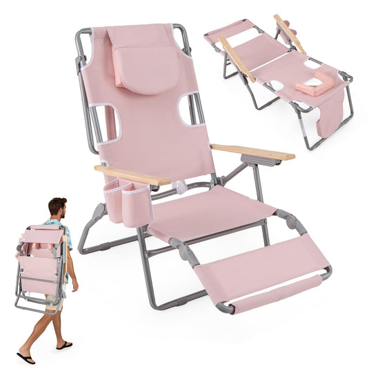 Goplus 3-in-1 Foldable Beach Chair Heavy-Duty Recliner for Camping Poolside Sunbathing