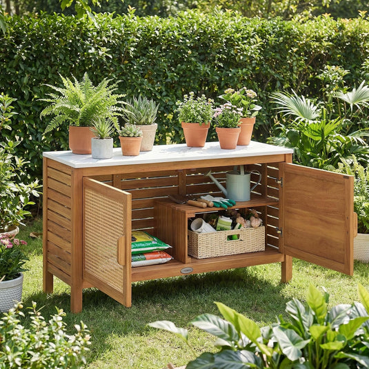 Goplus Outdoor Acacia Wood Storage Cabinet Outside Tool Cabinet with Fax Marble Top