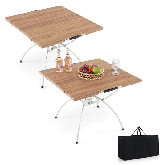 Goplus Aluminum Camping Table, 2 PCS Folding Picnic Tables w/Extendable Design, Wood-Grain Tabletop