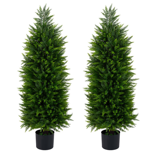 Goplus 4 FT Artificial Faux Cedar Cypress Plants in Cement-Filled Pots Set of 2