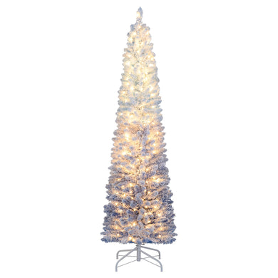 Goplus 6FT / 7FT Blue Gradient Snow Flocked Christmas Tree with Warm White LED Lights