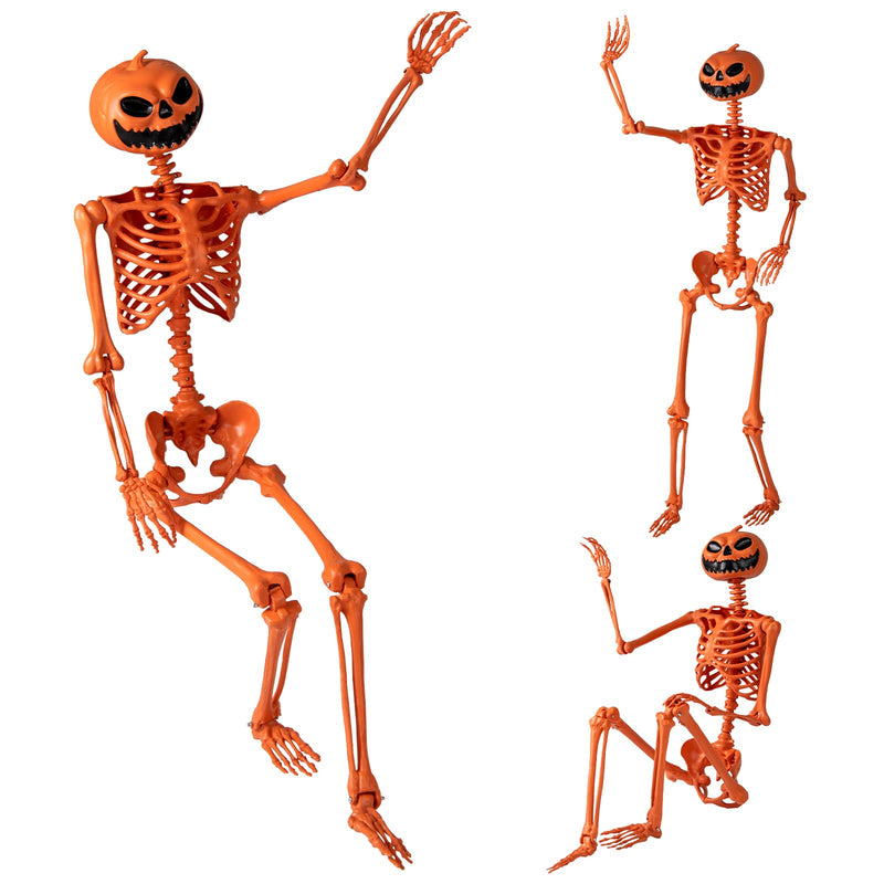 Load image into Gallery viewer, Goplus 5.2 Ft Life-Size Posable Skeleton with Pumpkin Head Halloween Orange Skeleton Decoration
