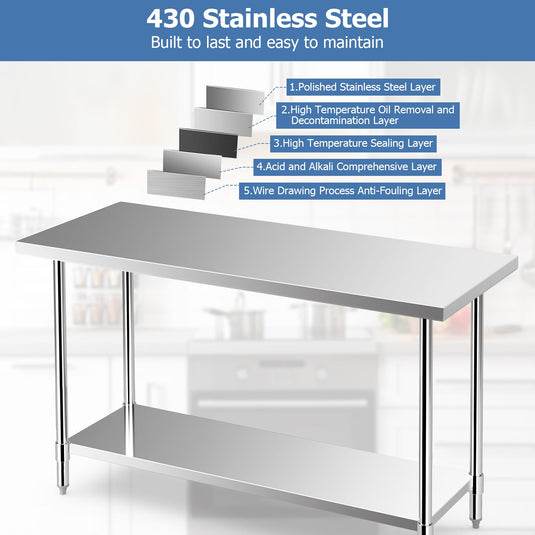 Goplus Stainless Steel Table, 24 x 60 Inches Kitchen Prep & Work Table w/Adjustable Undershelf & Footpads
