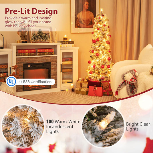 Goplus Pre-Lit Snow Flocked Pencil Christmas Tree for Home Office Holiday Decor