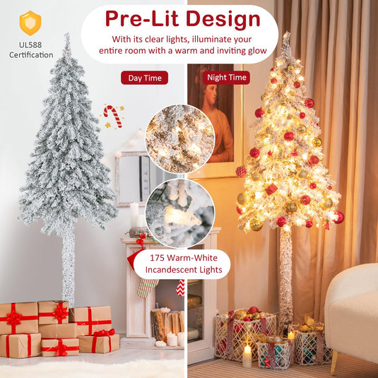 Goplus 6ft Pre-Lit Slim Pencil Christmas Tree Artificial Snow Flocked Xmas Tree