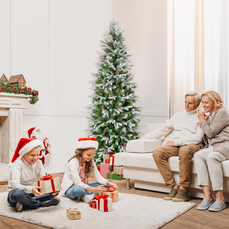 Load image into Gallery viewer, Goplus 6 FT Pre-Lit Pencil Christmas Tree, Artificial Snow Flocked Hinged Xmas Tree with 280 Warm-White LED Lights
