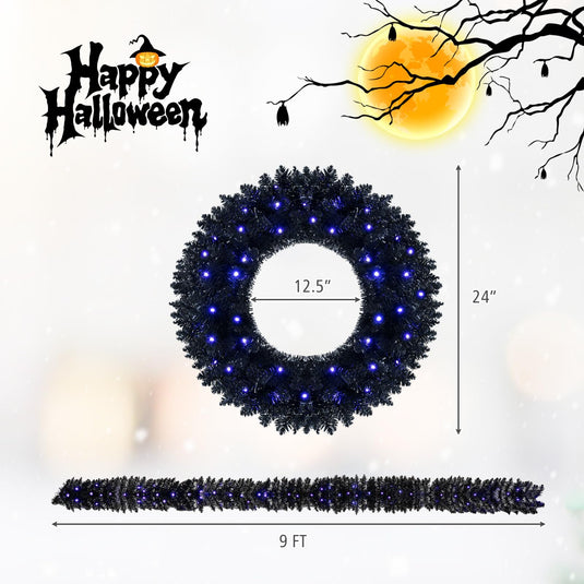 Goplus 24" Black Halloween Wreath and 9 ft Garland Set for Christmas