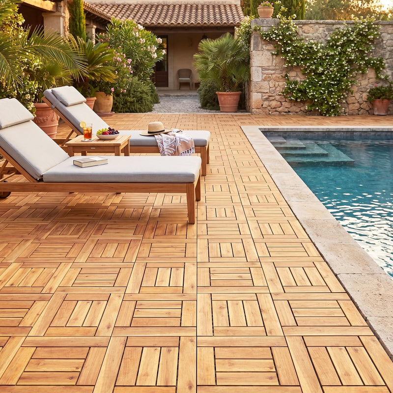 Load image into Gallery viewer, Giantex Golden Teak Frame Acacia Wood Deck Tiles 27/54 sq.ft Waterproof Outdoor Floor Tiles
