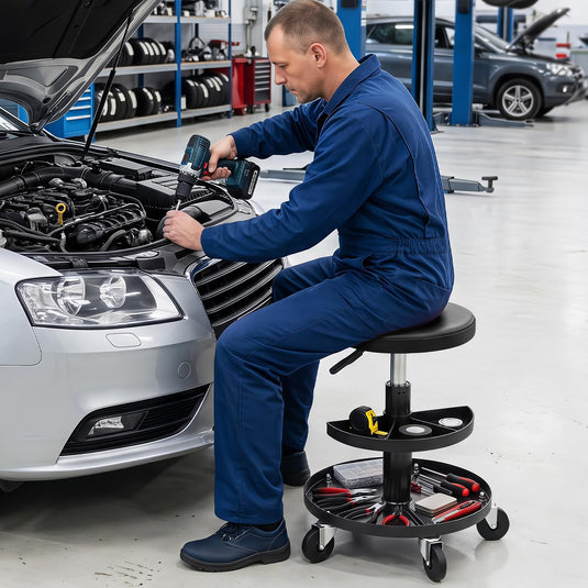 Goplus Swivel Rolling Mechanic Stool w/2-Tie Tool Trays | 360° Garage Shop Chair