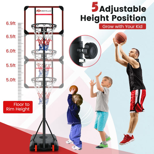 Goplus Height Adjustable 6.3 FT-8.1 FT Basketball Hoop Stand, Basketball Hoop & Goal Set with Wheel, Ball Storage