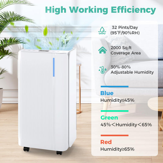32 Pints Dehumidifier for Home & Basement, 2000 Sq.ft Portable Dehumidifier with Drain Hose