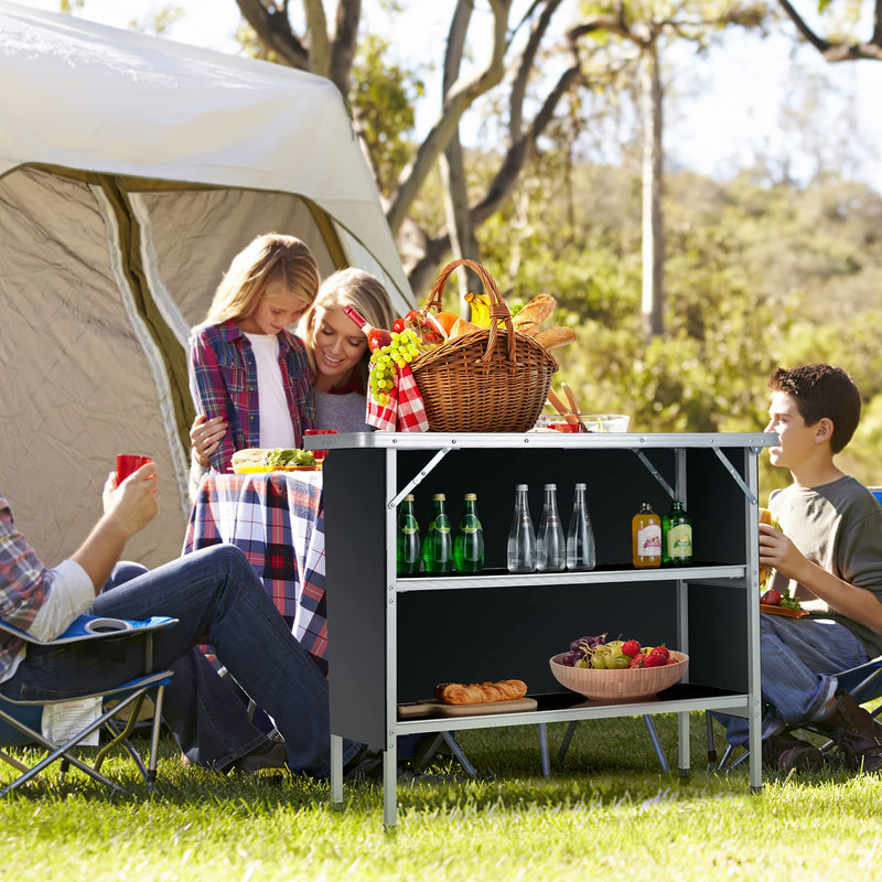 Load image into Gallery viewer, Goplus Folding Camping Table, Aluminum Portable Pop-Up Bar Table with 2-Tier Storage Shelves
