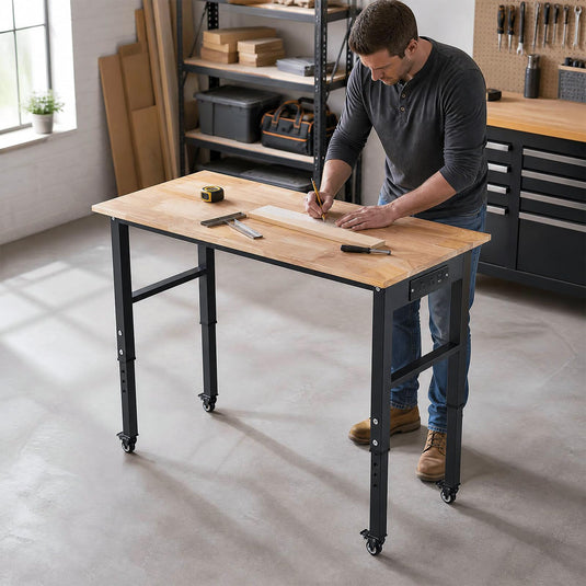 Goplus 46 Inch Adjustable Height Workbench with Power Outlets and Wheels