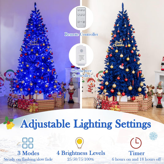 Goplus 7 FT Pre-Lit Royal Blue Snow Flocked Christmas Tree with 340 LED Lights