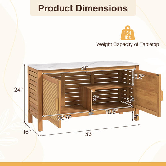Goplus Outdoor Acacia Wood Storage Cabinet Outside Tool Cabinet with Fax Marble Top