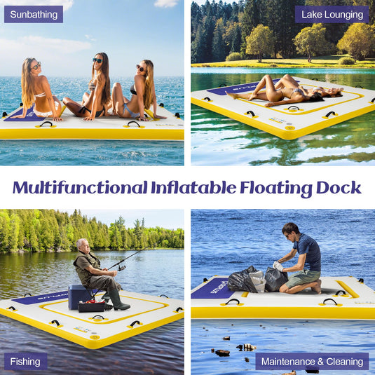 Goplus Inflatable Floating Dock, 8FT x 8FTt x 6.5Inch Thick Swim Dock Platform w/Mesh Swim Lounge