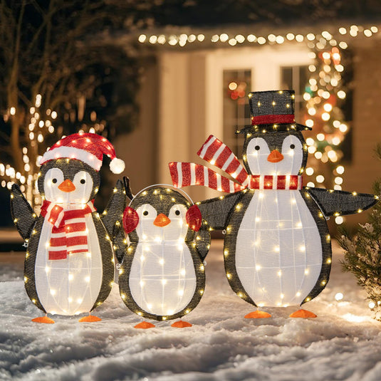 Goplus Set of 3 Lighted Christmas Penguins with LED Lights Outdoor Glowing Holiday Display