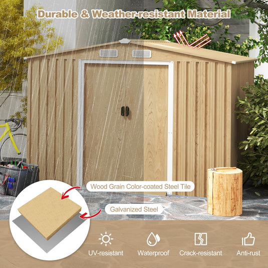 Goplus 8' x 6' Woodgrain Outdoor Storage Shed, Galvanized Metal Tool House Organizer w/Base Floor, 4 Vents