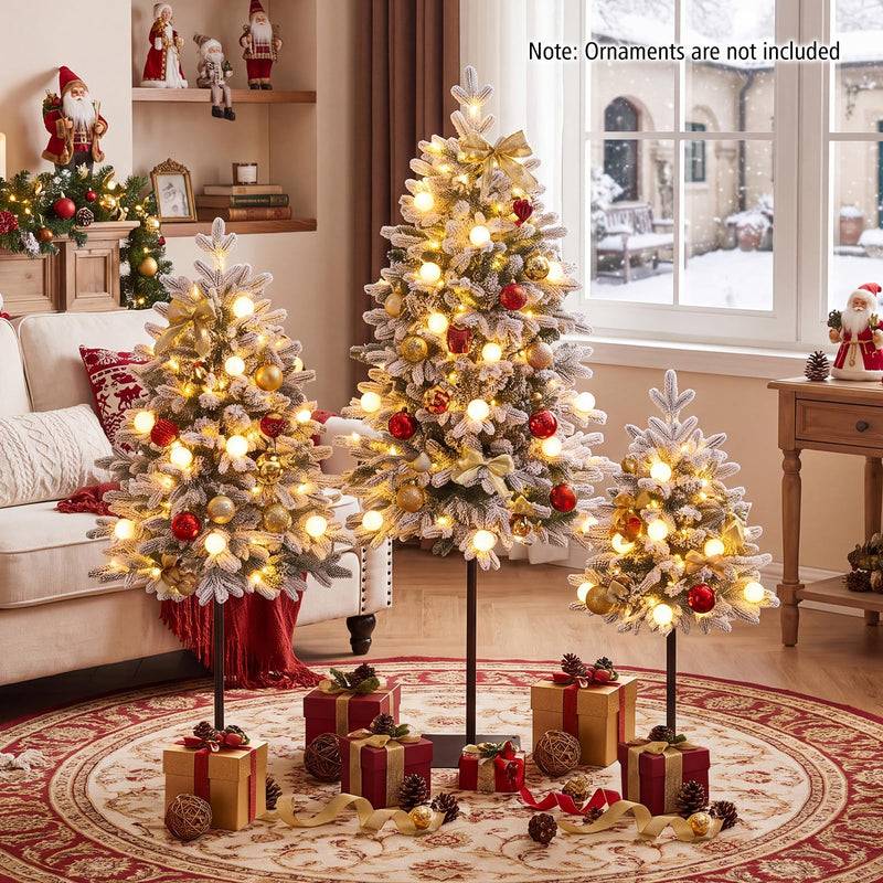 Load image into Gallery viewer, Goplus 3' 4' 5' Pre-Lit Flocked Christmas Tree Set of 3 | Battery Operated Artificial Snowy Xmas Trees
