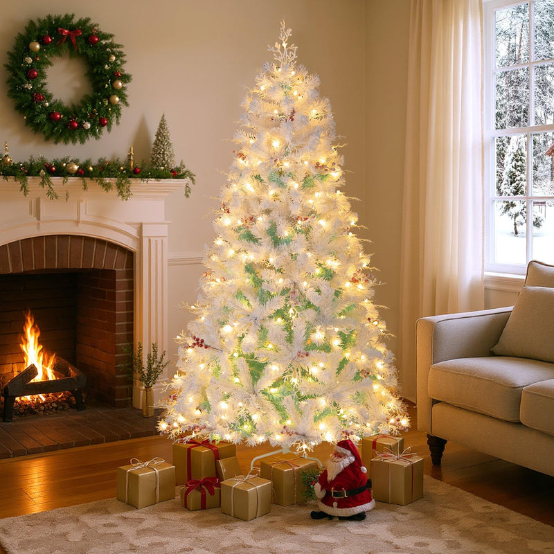 Load image into Gallery viewer, Goplus 6FT / 7FT Hinged Lighted Xmas Tree with Snow Flocked Branch Tips &amp; LED Lights
