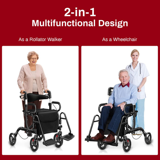 Goplus 2 in 1 Rollator Walker for Seniors Folding Transport Wheelchair Rollator with 8