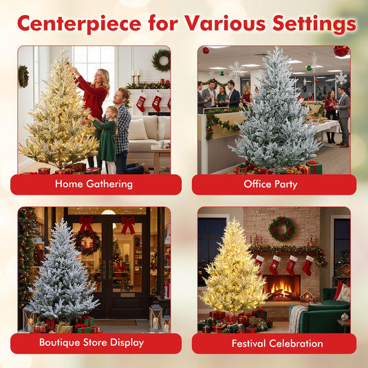 Goplus 6FT / 7FT / 8FT Pre-Lit Snow Flocked Christmas Tree | Holiday Home Office Decoration