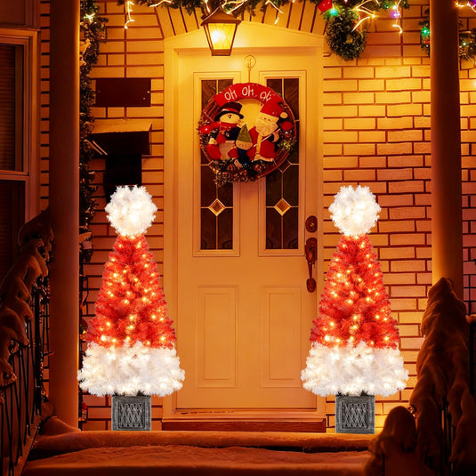 Goplus 4 FT Pre-Lit Christmas Tree for Entrances, Artificial Potted Santa Hat Xmas Tree with 300 Branch Tips