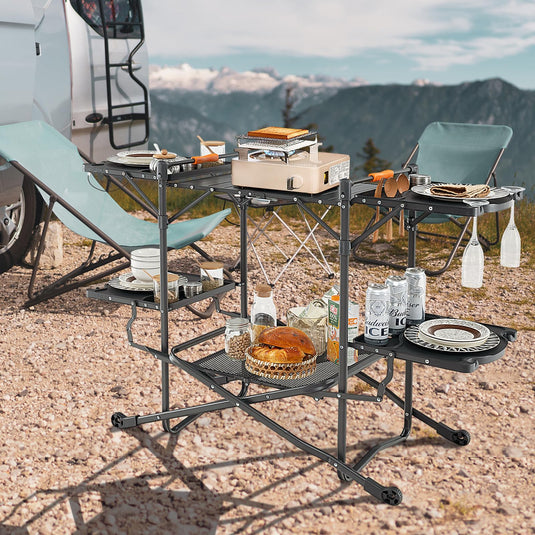 Goplus Camping Cooking Table, Outdoor Grill Table, Folding Camp Kitchen with Aluminum Tabletop