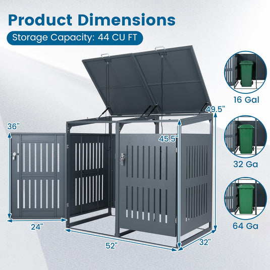 Goplus 44 Cu.Ft Outdoor Trash Can Storage Shed for 2 Bins with Gas Struts