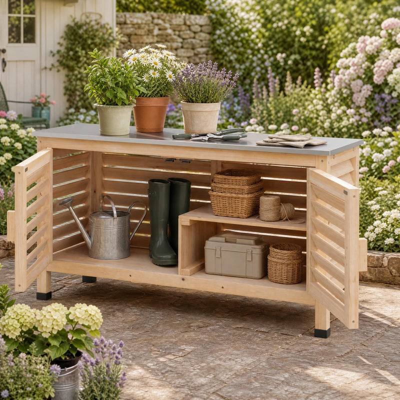Load image into Gallery viewer, Goplus Patio Storage Cabinet | Fir Wood Sideboard with Stainless Steel Countertop
