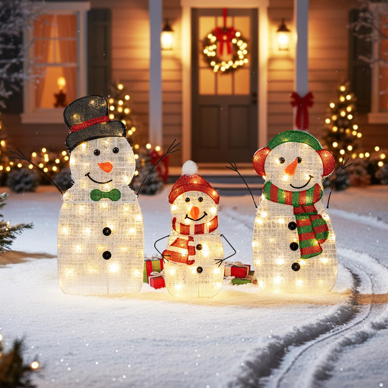 Load image into Gallery viewer, Lighted Snowman Family Christmas Decoration 3-Piece Pre-Lit 2D Snowman Set

